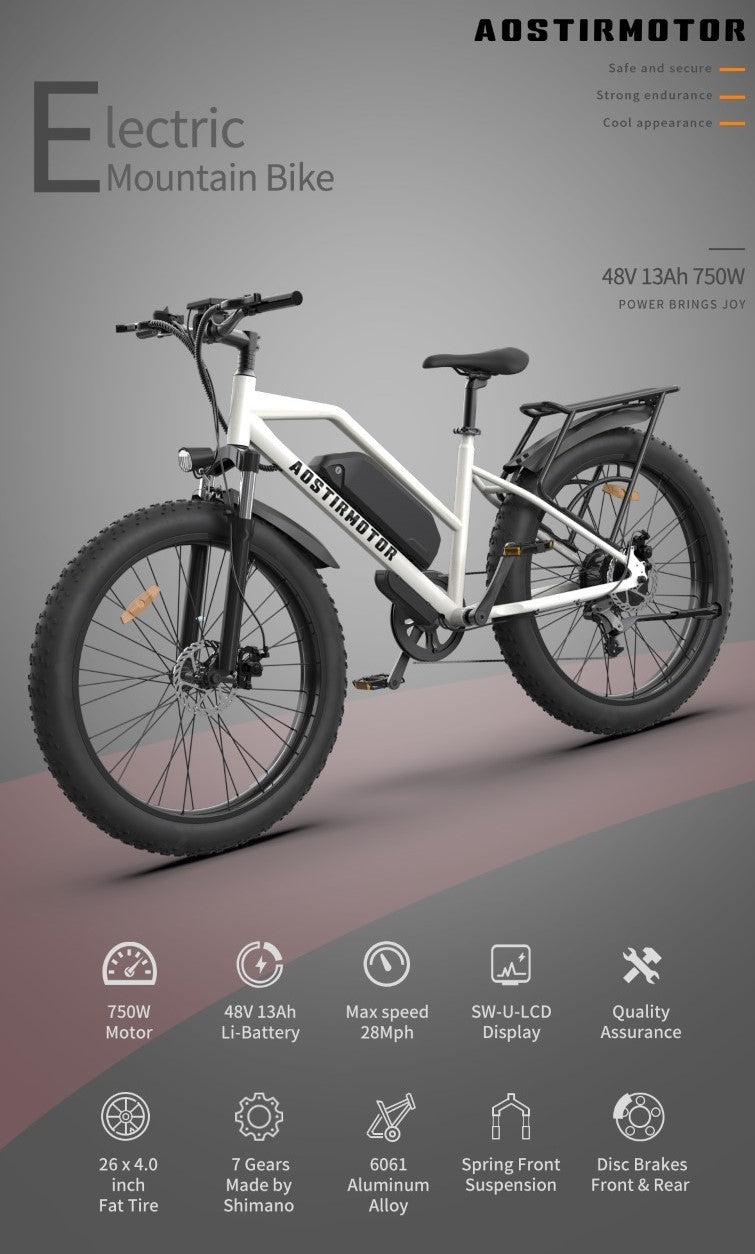 AOSTIRMOTOR S07-G Electric Mountain Bike 750W Motor 48V 13AH E-Bike with Rack and Fender 26X4.0" Inch Fat Tire Bike Electric Bicycle for Adults