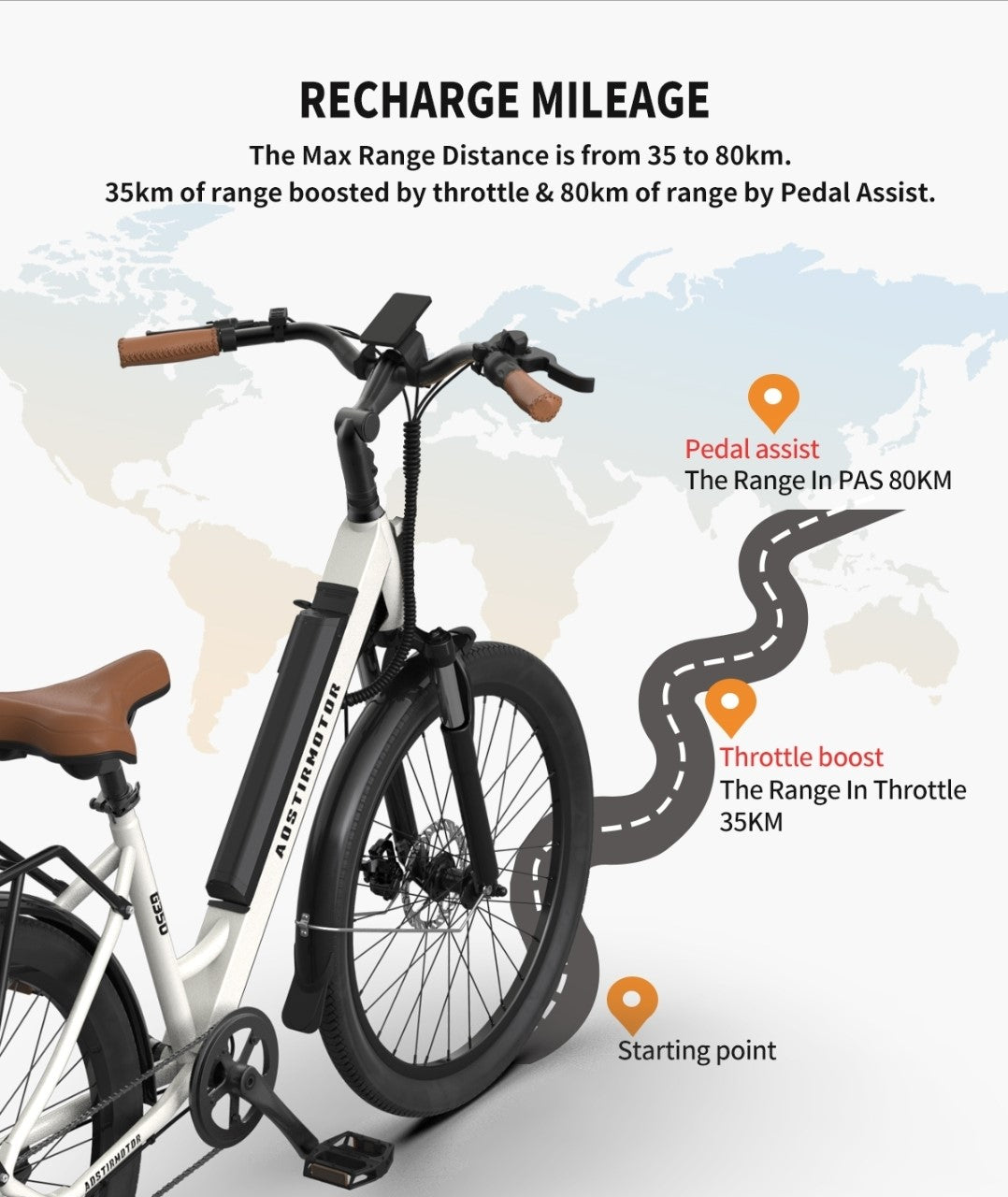 Aostirmotor G350 350W Electric Bike for Commuter 26X2.1" Tire 36V 10Ah Removable Battery Shimano 7 Speed