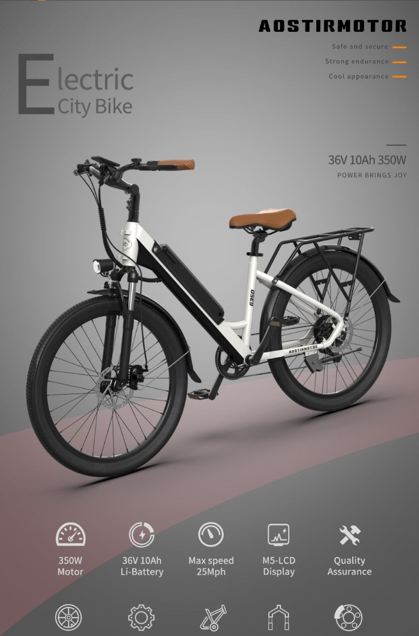 Aostirmotor G350 350W Electric Bike for Commuter 26X2.1" Tire 36V 10Ah Removable Battery Shimano 7 Speed
